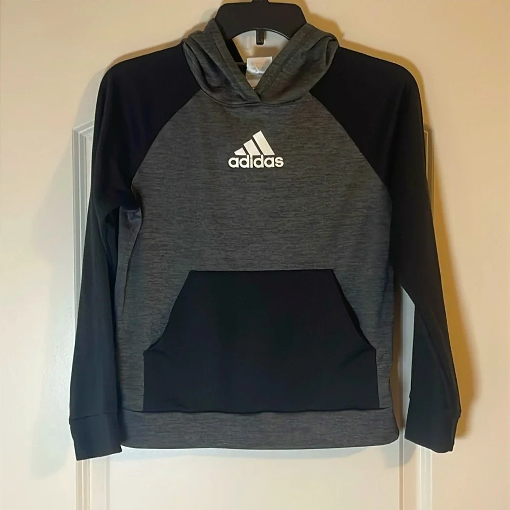 Adidas Boys Girls Hoodie Sweater Pullover Black Grey Charcoal Size M (10/12)